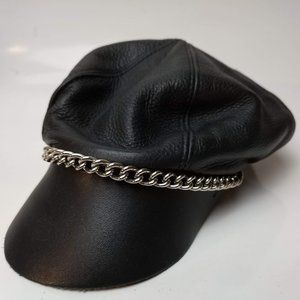 Vintage Black Leather Adjustable Motorcycle Hat With Silver Chain